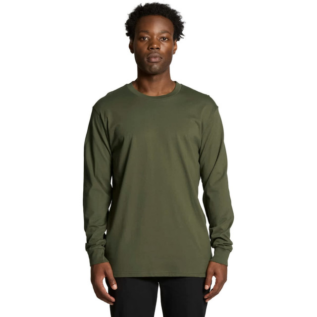 A long sleeve t-shirt in olive green, featuring a round neckline and an understated design with a logo.