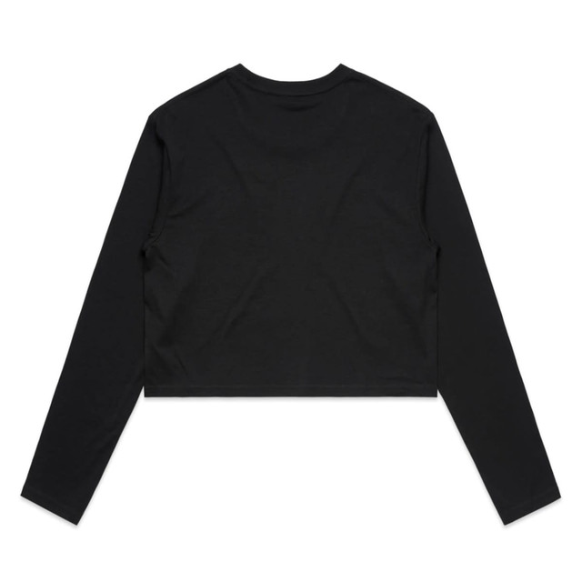 A black long-sleeve cropped t-shirt with a simple design and no visible branding. A black long-sleeve cropped t-shirt with a simple design and no visible branding.