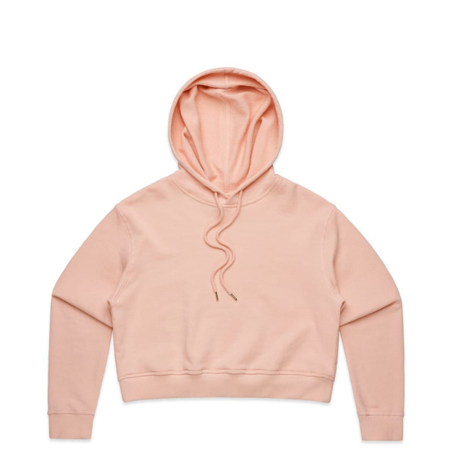 A cropped hoodie in a soft pink colour with a drawstring hood and long sleeves. It features a logo on the front. A cropped hoodie in a soft pink colour with a drawstring hood and long sleeves. It features a logo on the front.