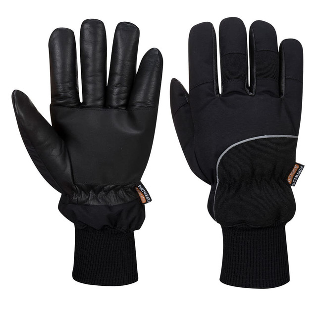 A pair of black gloves featuring a smooth exterior and elasticised cuffs for secure fit. Includes a brand logo.
