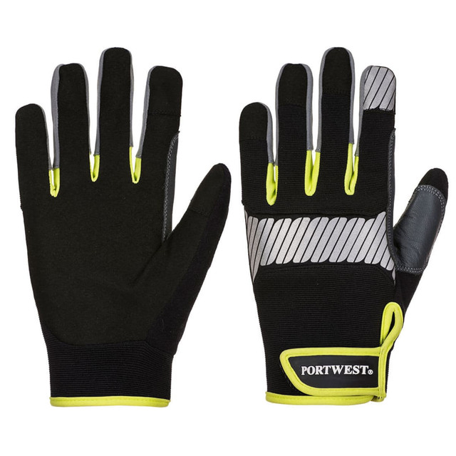 A pair of black gloves with grey and neon yellow accents, featuring a logo on the wrist area.