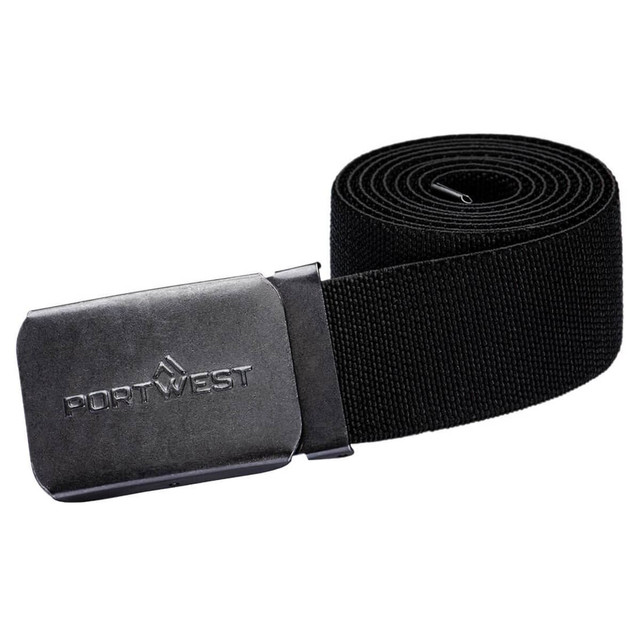 A black stretch webbing belt featuring a metal buckle with a logo. The belt is designed for adjustable fitting.