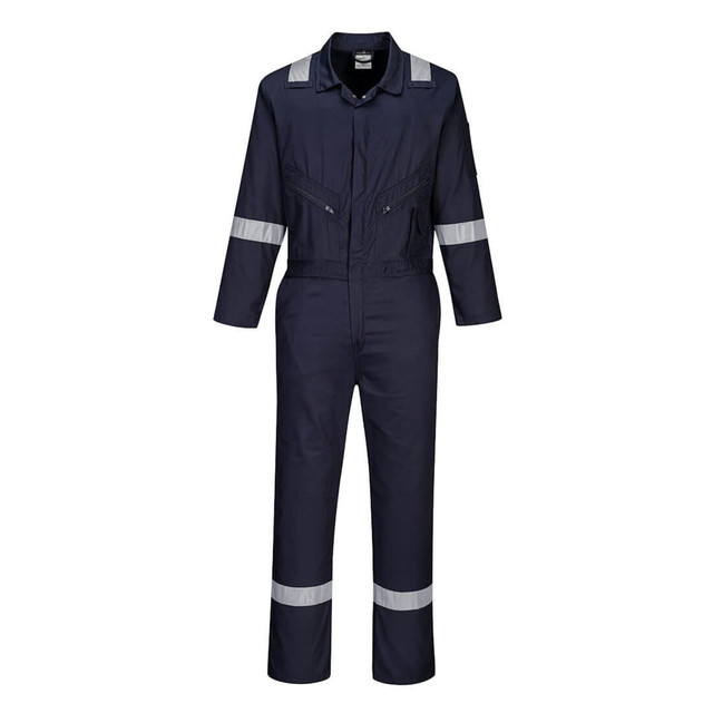 A navy blue coverall featuring reflective stripes, zippers, and two front pockets, with a logo on the chest.