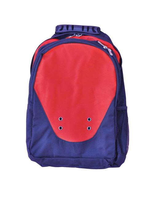 A navy blue backpack with a red front panel and mesh side pockets. It features a logo on the upper section.