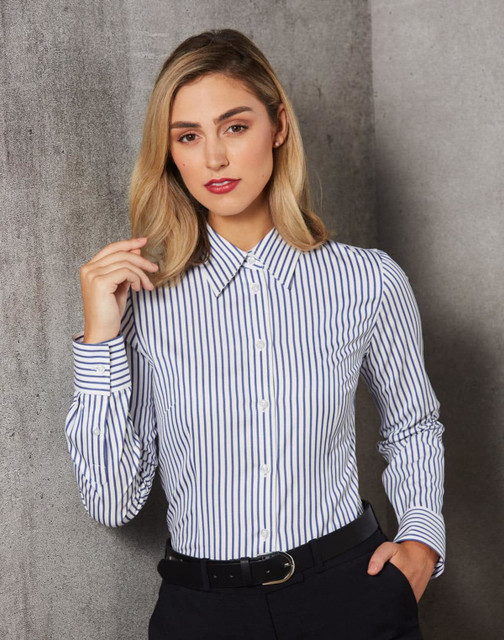 A women's long-sleeve button-up shirt in white and navy stripes, featuring a classic collar and a branded logo.