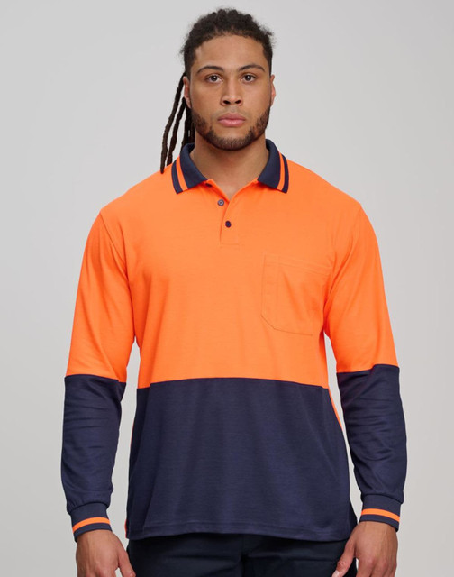 A long-sleeve safety polo shirt in bright yellow and navy blue, featuring a pocket and a logo.