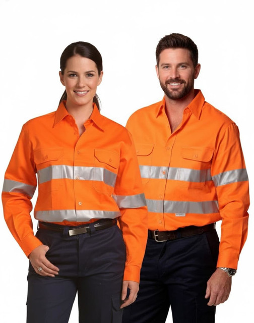 A pair of individuals wearing bright orange long-sleeve drill shirts featuring 3M reflective tapes.