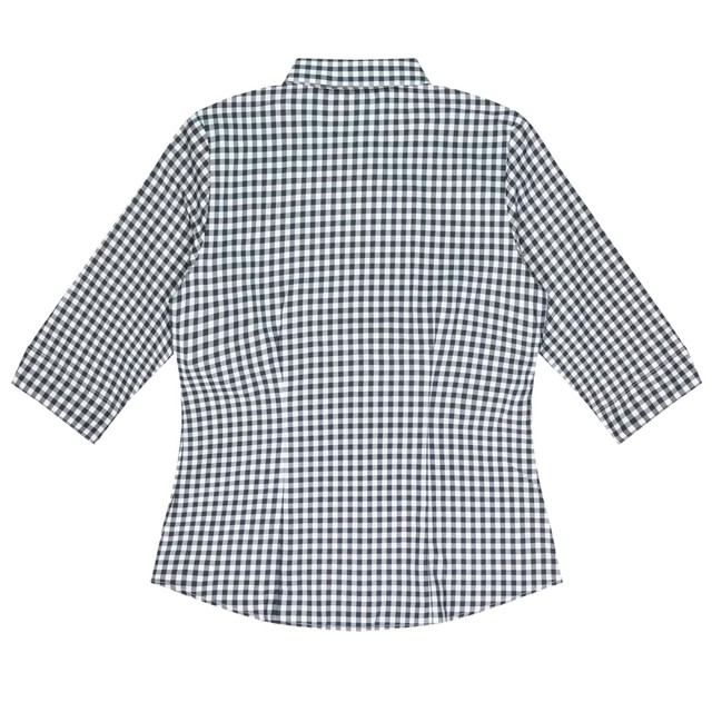 A button-up shirt in a black and white gingham pattern, featuring 3/4 sleeves and a collared neck.