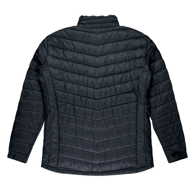 A black jacket with a chevron pattern, featuring a high collar and long sleeves. It has a logo on the back.