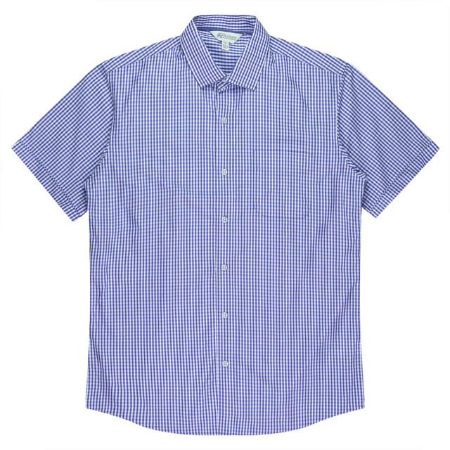 A short-sleeve button-up shirt in blue and white checkered pattern, featuring a single chest pocket and a collar.