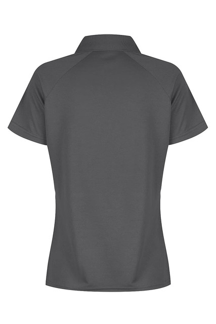 A charcoal grey women's polo shirt with a collar and short sleeves, featuring a logo on the back.