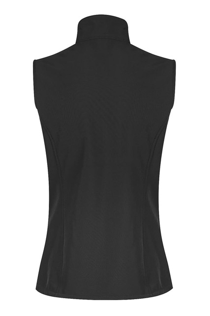 A black women's work vest featuring a high collar and a fitted design, with a logo on the back.