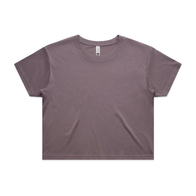 A faded crop tee in a soft mauve colour with short sleeves and a relaxed fit, featuring a logo on the label.
