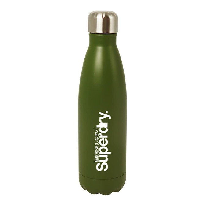 A drink bottle in matte olive green with a stainless steel cap and a logo.