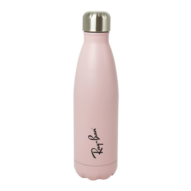 A drink bottle in pastel pink with a stainless steel lid and a logo on the side.