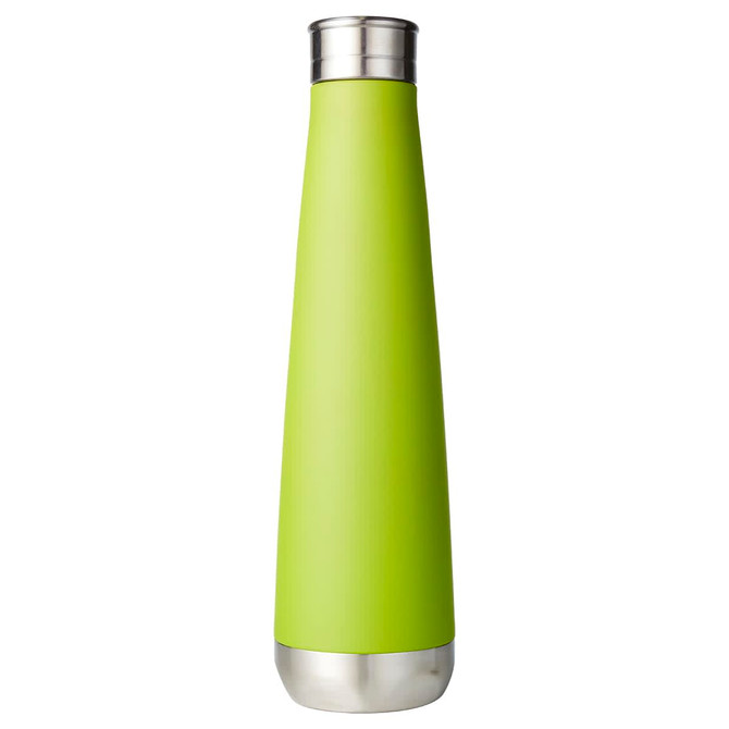 A drink bottle with a sleek design, featuring a vibrant green body and a stainless steel base. Includes a brand logo.