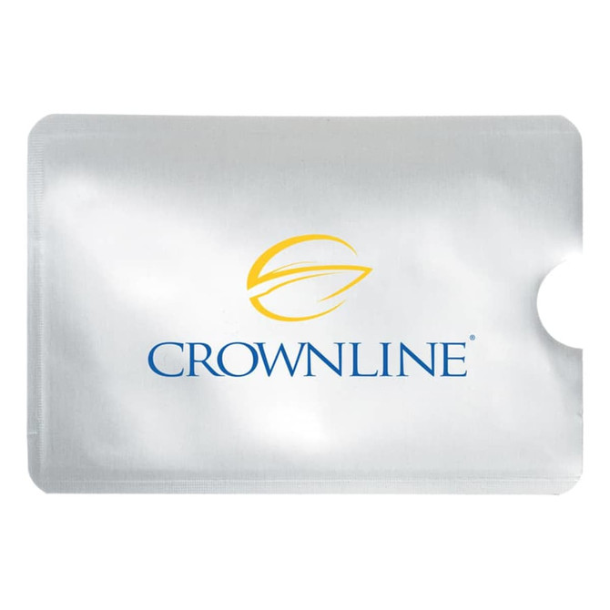 A silver RFID credit card protector sleeve featuring a logo and an open slot for card insertion.