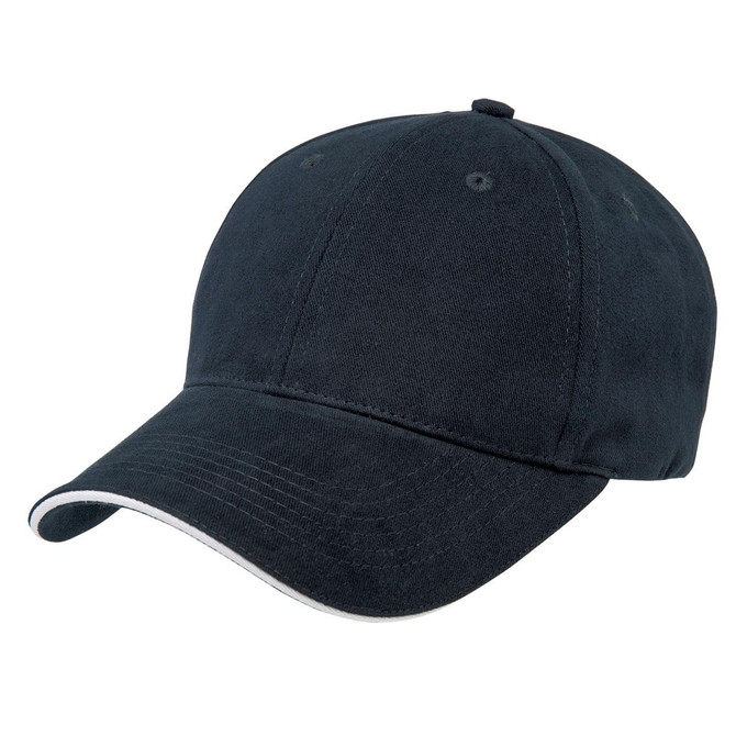 A black premium soft sandwich peak cap with a contrasting white trim and a branded logo.