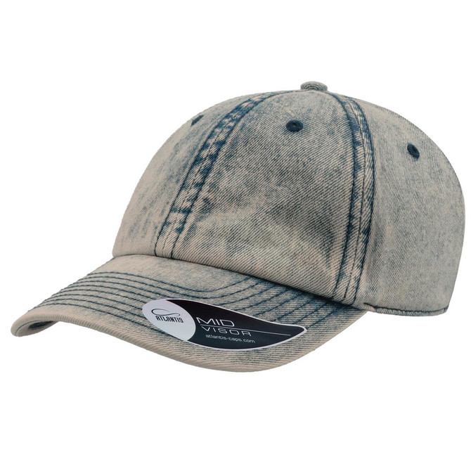 A beige denim dad hat with a curved brim and a logo on the side. The fabric has a faded appearance.