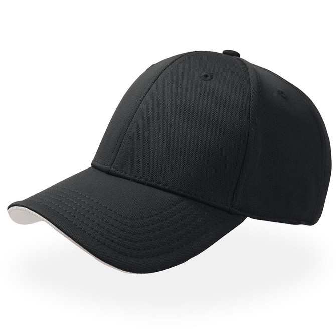 A black cap with a curved brim and a logo on the front, featuring stitching detail.