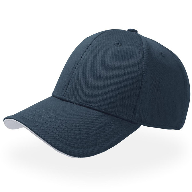 A navy cap with a curved brim and a structured design. It features a logo on the front.