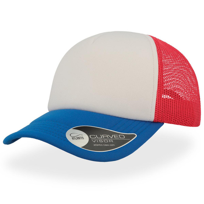 A trucker cap with a blue visor, grey front, and red mesh back, featuring a logo on the side.