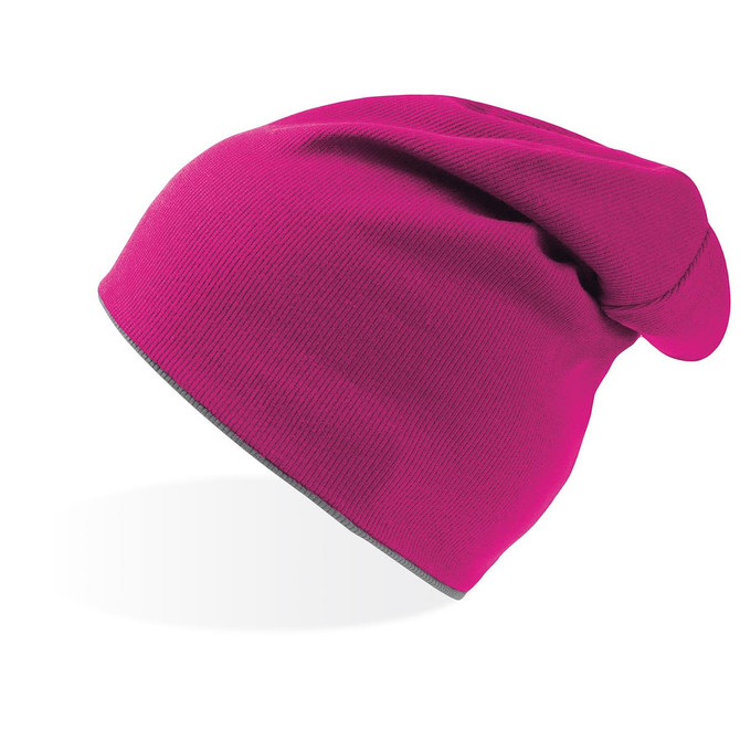 A purple beanie featuring a slouchy design and an edge trim, with a subtle logo on it.