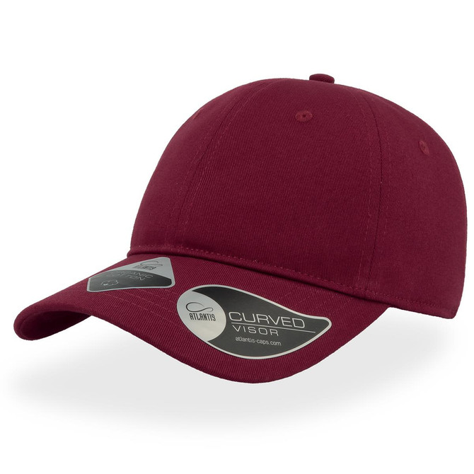 A maroon cap with a curved visor and a logo on the side, designed for headwear.