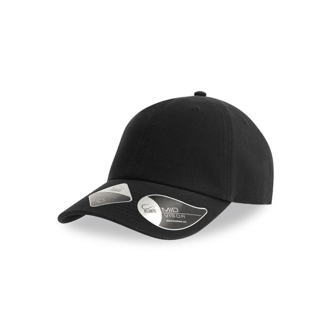 A black organic dad hat with a curved brim and a logo on the side. Ideal for casual wear.