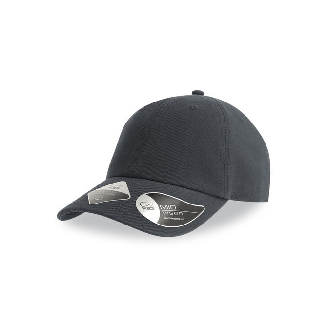 A grey organic dad hat with a curved brim and a logo on the side. Features a mid-visor design.
