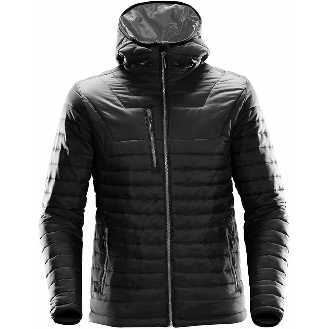 A black puffer jacket with a hood featuring a zip front, zip pocket, and a logos on the chest.