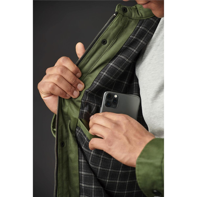 Men's Bushwick Quilted Jacket in olive green, featuring a plaid lining and an inside pocket for a phone.