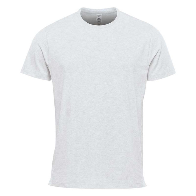 A light grey short sleeve t-shirt with a crew neck and a logo. Suitable for performance wear.