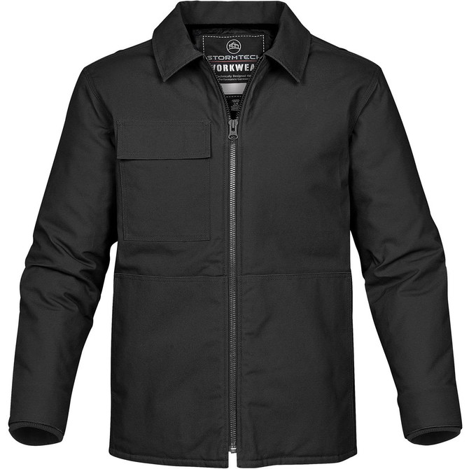 A black men's flatiron work jacket featuring a front zipper and chest pocket, designed for workwear.