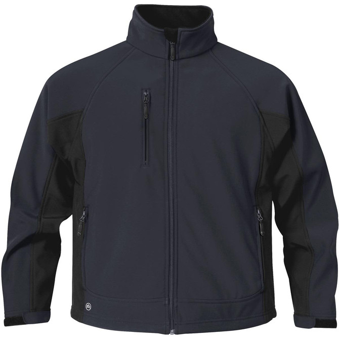 A Men's Crew Bonded Shell jacket in dark blue and black, featuring zipped pockets and a logo.