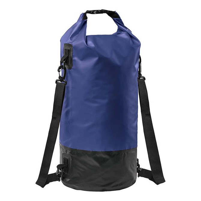 A blue and black roll-top backpack featuring adjustable straps and a logo. Waterproof design for durability.