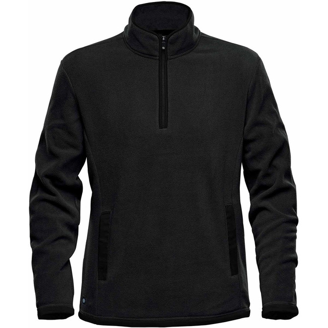 A black men's fleece jumper featuring a 1/4 zip design and side pockets, with a logo on it.