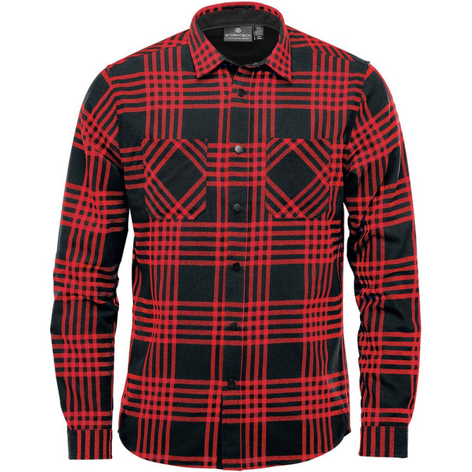 A button-up shirt featuring a black and red plaid pattern, with two chest pockets and a logo.