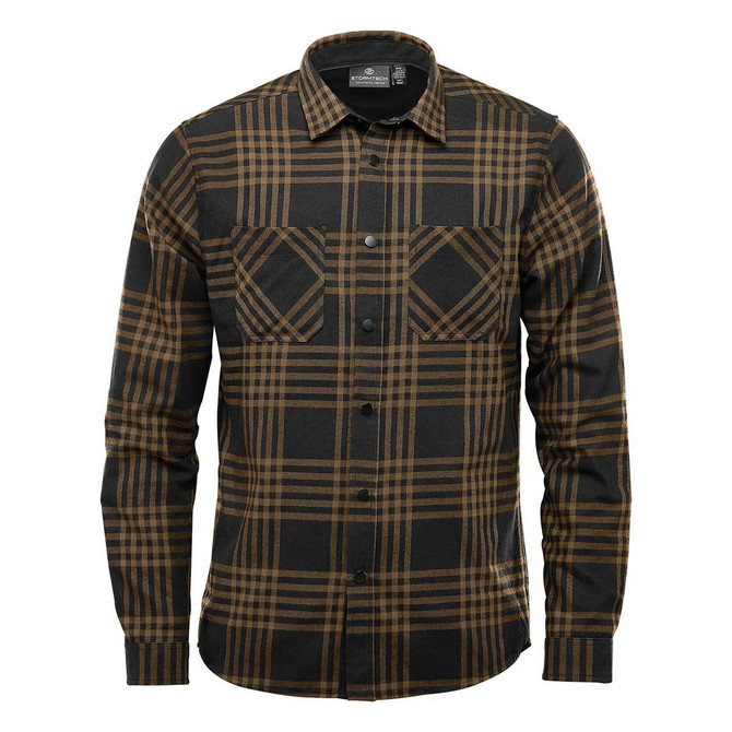 A long-sleeve, button-up shirt featuring a black and brown checkered pattern, with two chest pockets and a logo.