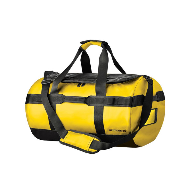 A yellow waterproof duffle bag with black accents and multiple carrying straps, featuring a logo.