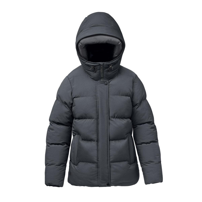 A women's thermal jacket in dark grey, featuring a hood and a puffy design, with a logo on the chest.