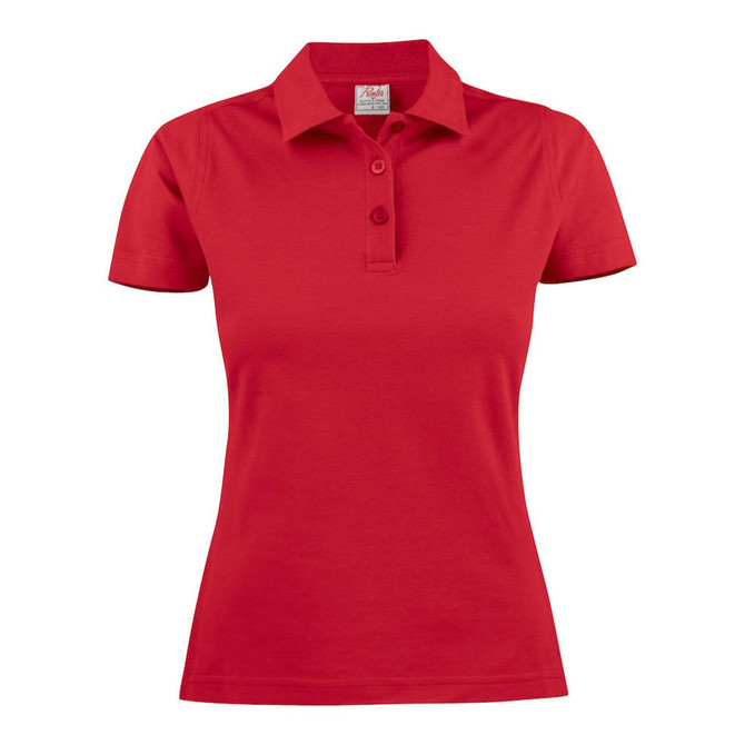 A red women's cotton polo shirt with a collared neckline and button placket, featuring a small logo.