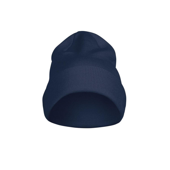 A navy Flexball Beanie with a ribbed texture and a logo, designed for headwear.