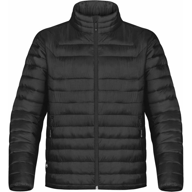 A black men's jacket with a puffy design, featuring a high collar and zippered pockets, along with a logo.