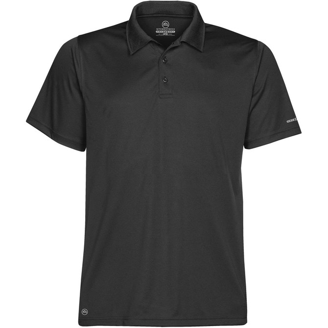 A black polo shirt featuring a collar, button placket, and a small logo on the sleeve.