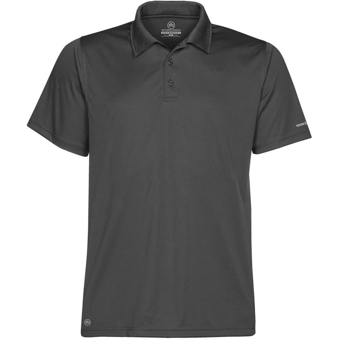 A dark grey men's polo shirt featuring a collar and three-button placket, with a logo on one sleeve.