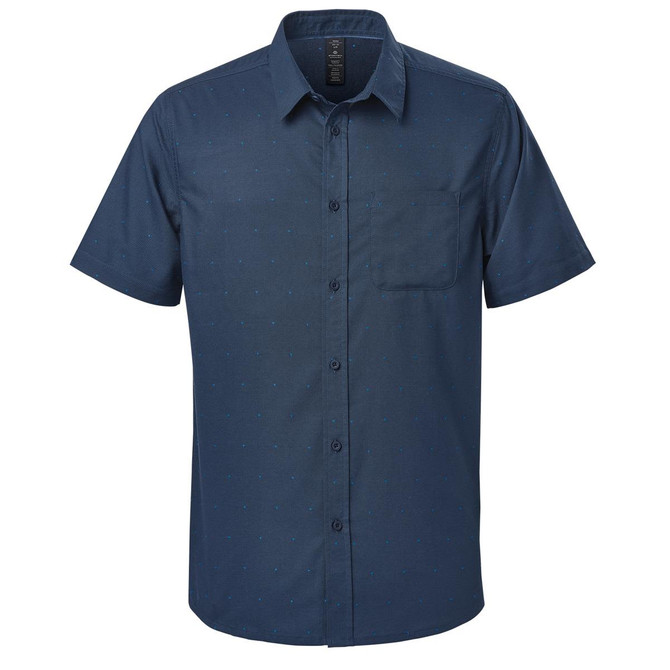A short-sleeved button-up shirt in navy blue with a subtle pattern and a chest pocket. Features a logo.