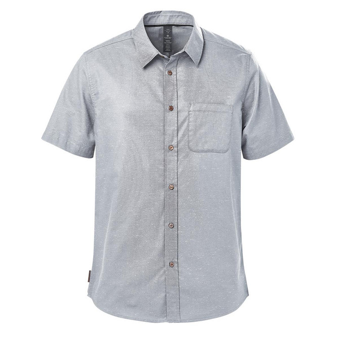 A light grey button-up shirt with short sleeves and a chest pocket. It features a logo on the label.