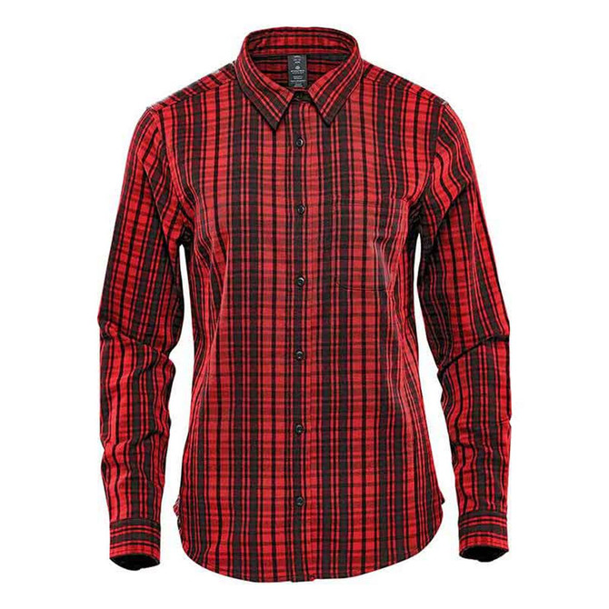 A red and black checkered long sleeve button-up shirt with a branding logo.