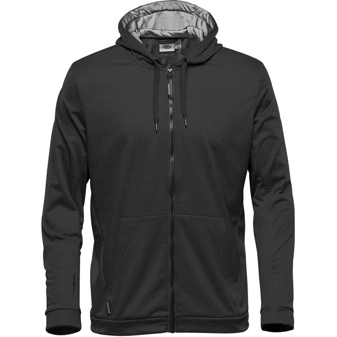A black Men's Halifax Hoody with a zip front, drawstring hood, and front pockets. Features a logo on the side.